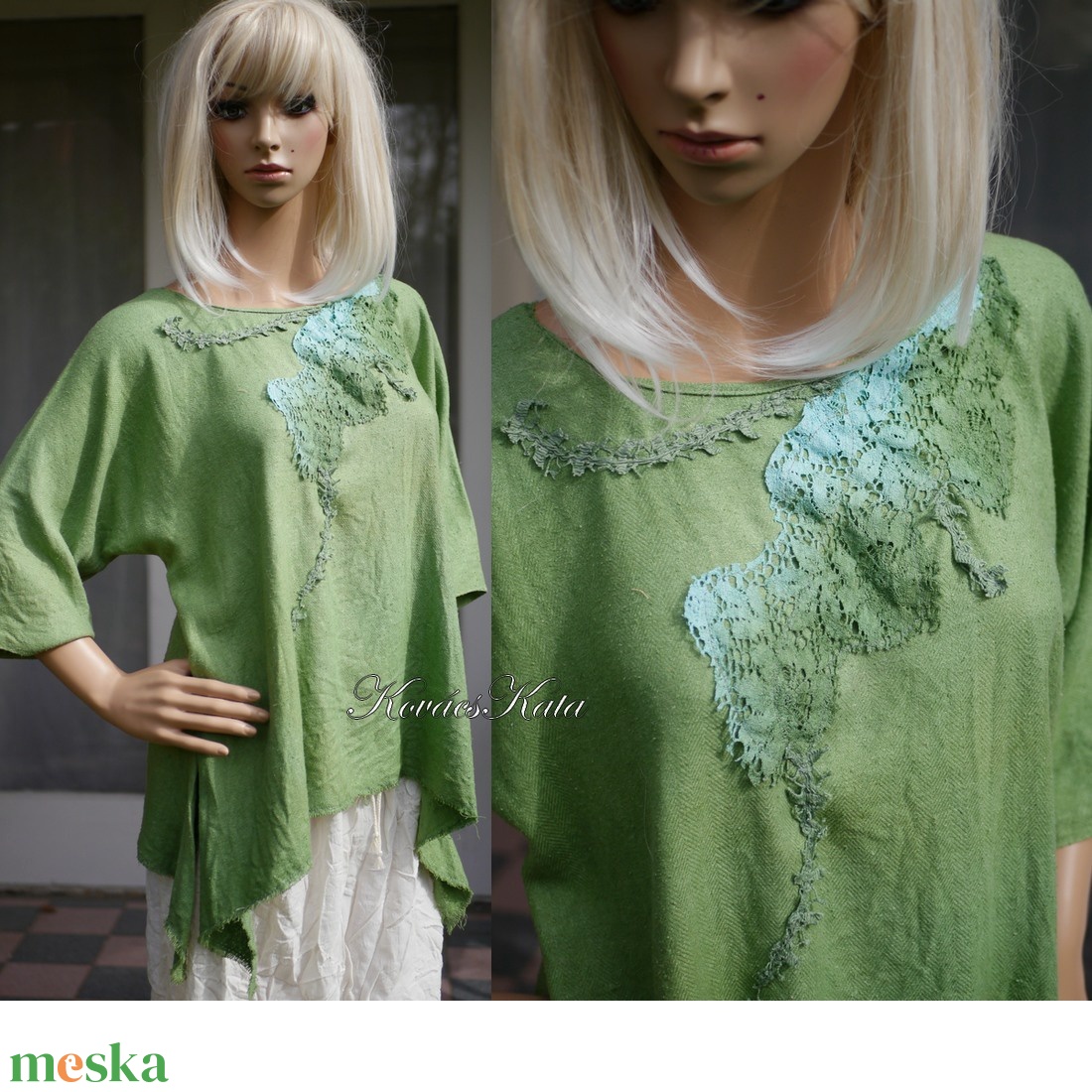 BURETT TUNIKA / fűzöld - artsy csipkés applikált kézzel festett design blúz - ruha & divat - női ruha - blúz - Meska.hu BURETT TUNIKA / fűzöld - artsy csipkés applikált kézzel festett design blúz - ruha & divat - női ruha - blúz - Meska.hu