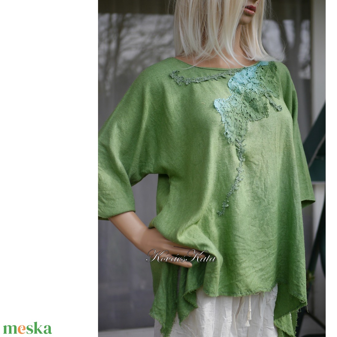 BURETT TUNIKA / fűzöld - artsy csipkés applikált kézzel festett design blúz - ruha & divat - női ruha - blúz - Meska.hu BURETT TUNIKA / fűzöld - artsy csipkés applikált kézzel festett design blúz - ruha & divat - női ruha - blúz - Meska.hu