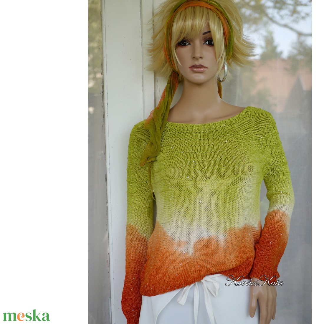 FATIME DYED - egyedi festésű kézzel kötött selyem-merinó artsy pulóver / banán, narancs - ruha & divat - női ruha - pulóver & kardigán - Meska.hu