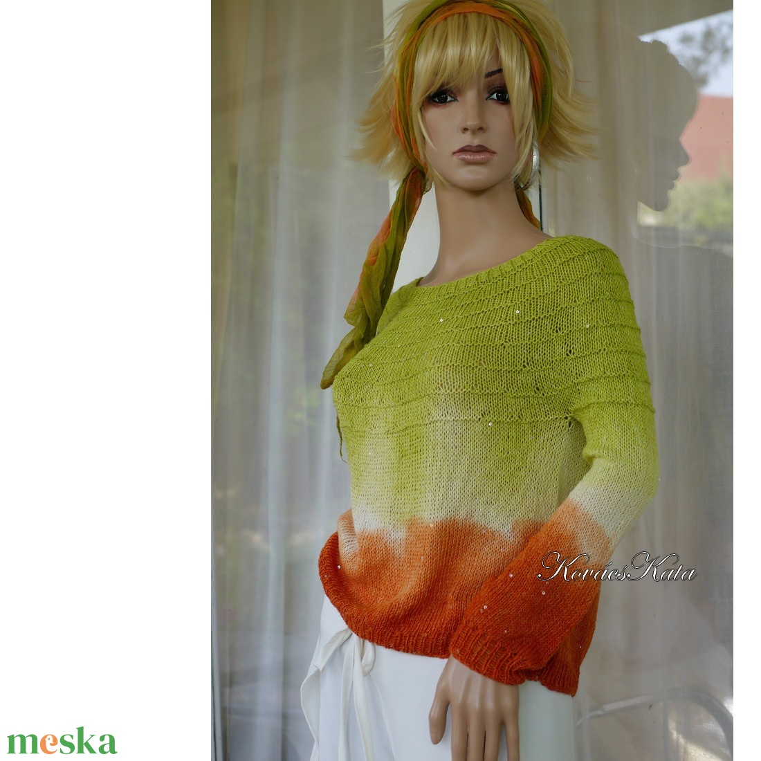 FATIME DYED - egyedi festésű kézzel kötött selyem-merinó artsy pulóver / banán, narancs - ruha & divat - női ruha - pulóver & kardigán - Meska.hu