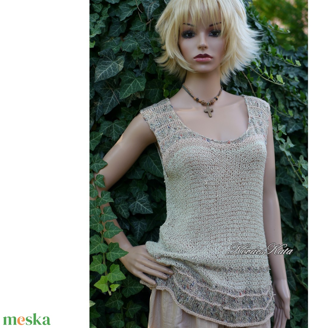 LAZY TOP / burett - exkluzív bourette + gyapjú-len kézzel kötött ujjatlan  pulóver / menta - ruha & divat - női ruha - pulóver - Meska.hu