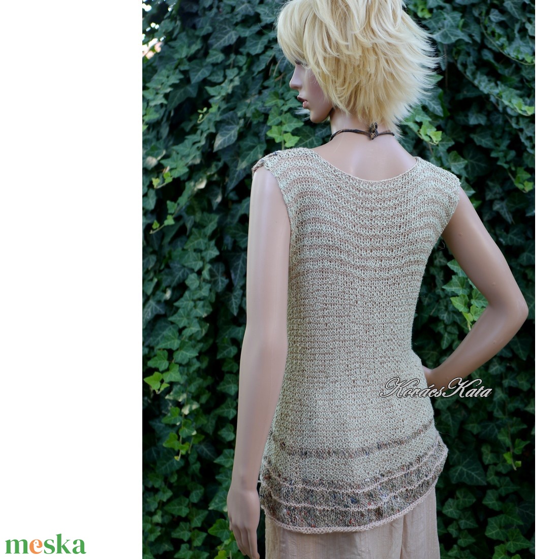 LAZY TOP / burett - exkluzív bourette + gyapjú-len kézzel kötött ujjatlan  pulóver / menta - ruha & divat - női ruha - pulóver - Meska.hu