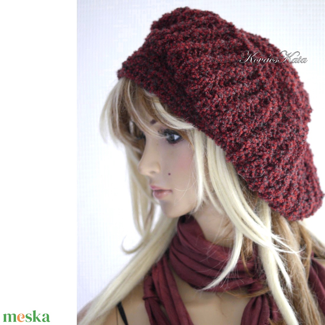 BORBÁLA / bordó - exkluzív kézzel kötött gyapjú buklé barett sapka XXL - ruha & divat - sál, sapka, kendő - sapka - Meska.hu