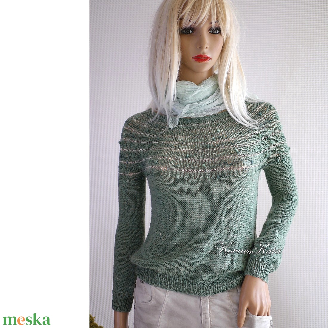 LAZY LINEN / zsálya - exkluzív gyapjú-len kézzel kötött  pulóver  - ruha & divat - női ruha - pulóver - Meska.hu