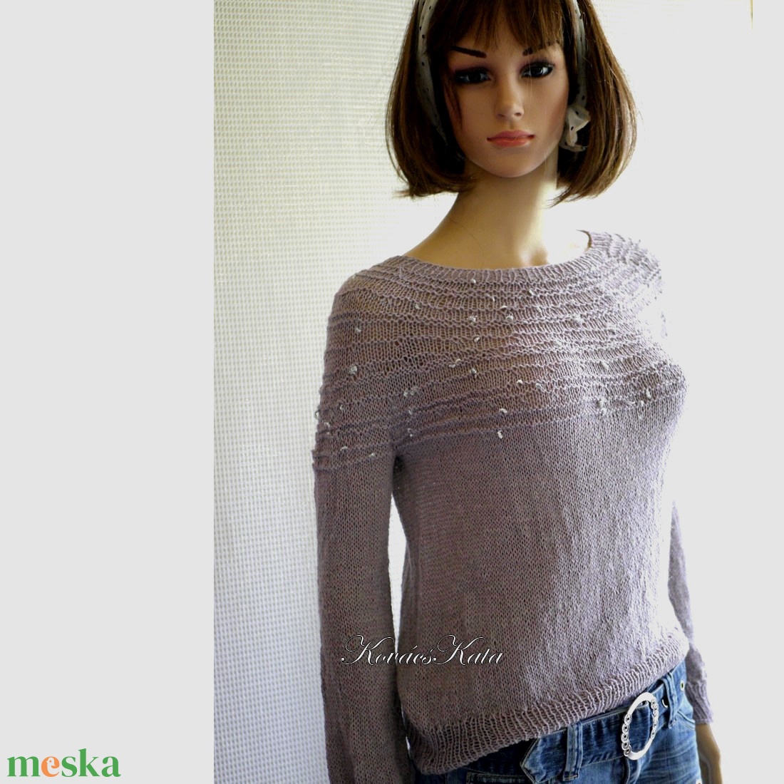 LAZY LINEN / lavender - exkluzív gyapjú-len kézzel kötött  pulóver  - ruha & divat - női ruha - pulóver - Meska.hu