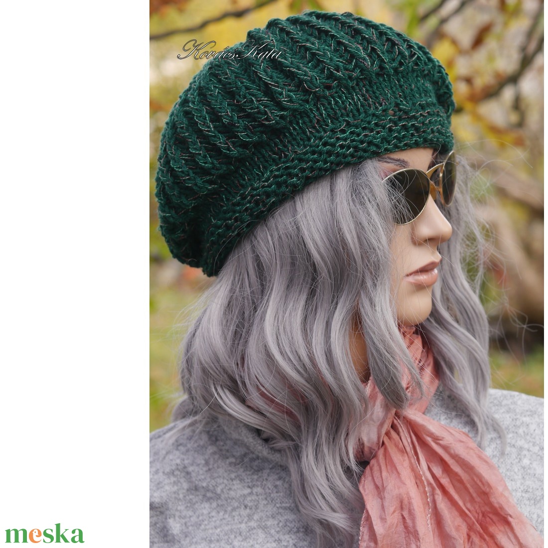 BORBÁLA / zöld-melír - kézzel kötött design sapka - ruha & divat - sál, sapka, kendő - sapka - Meska.hu