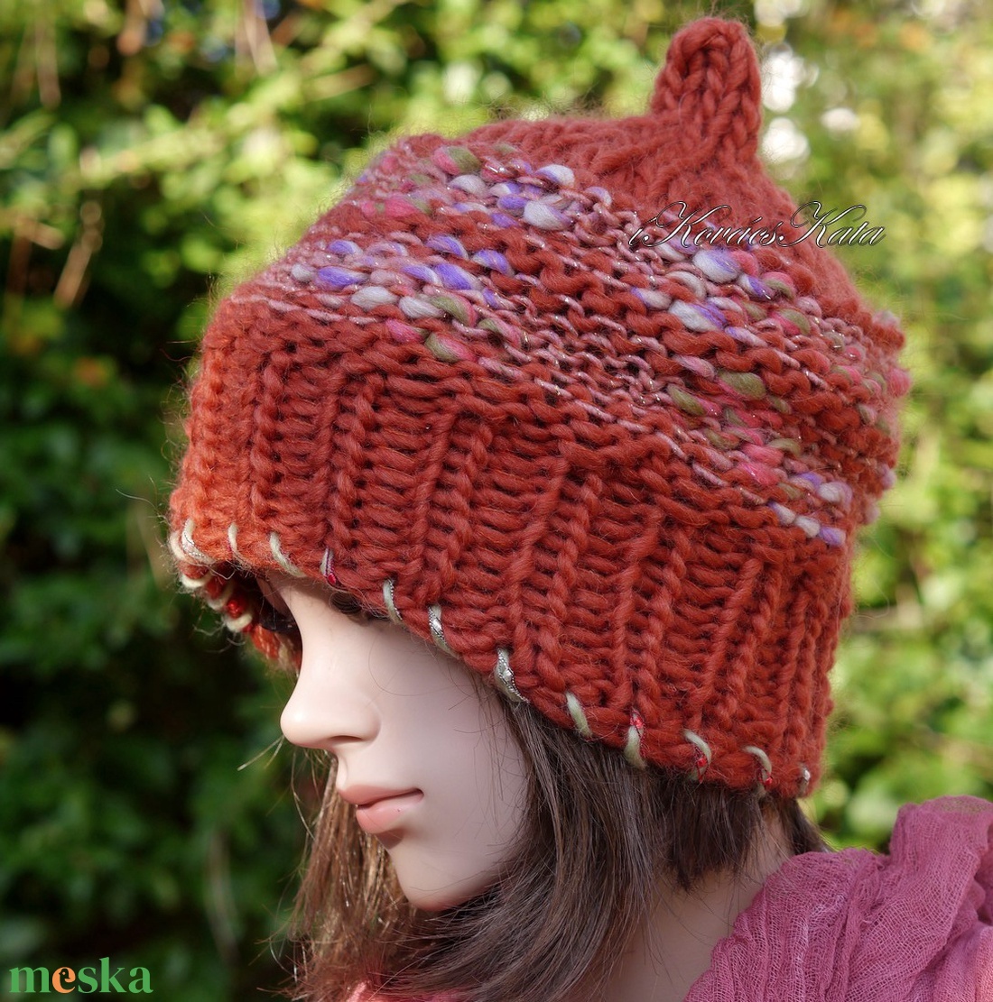 LUCA-SAPI / rőt - bohém kézzel kötött gyapjú sapka  - ruha & divat - sál, sapka, kendő - sapka - Meska.hu