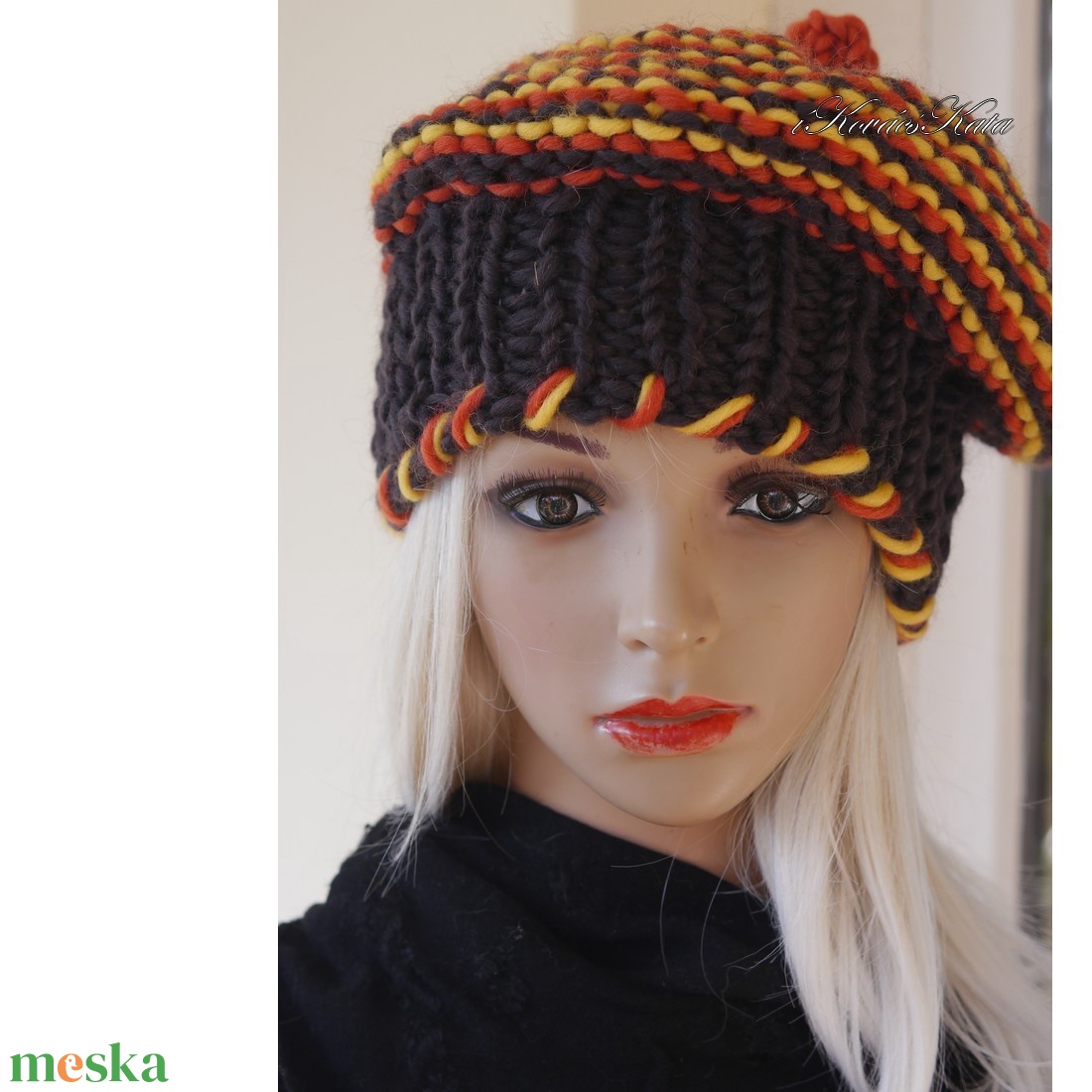LUCA BARETT / barna-narancs - bohém kézzel kötött gyapjú sapka  - ruha & divat - sál, sapka, kendő - sapka - Meska.hu