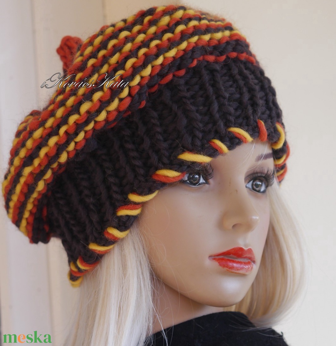 LUCA BARETT / barna-narancs - bohém kézzel kötött gyapjú sapka  - ruha & divat - sál, sapka, kendő - sapka - Meska.hu