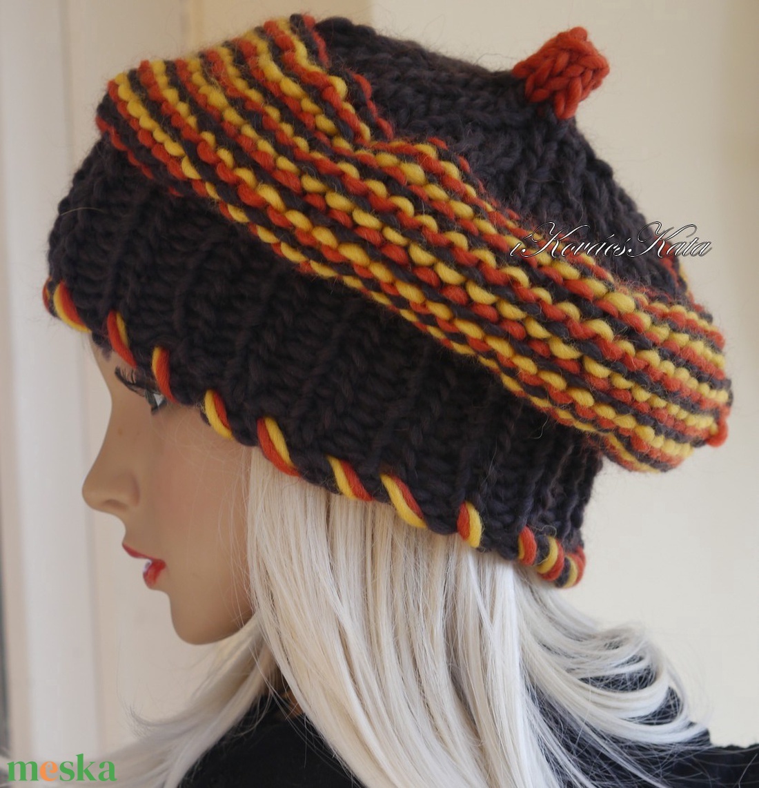 LUCA BARETT / barna-narancs - bohém kézzel kötött gyapjú sapka  - ruha & divat - sál, sapka, kendő - sapka - Meska.hu