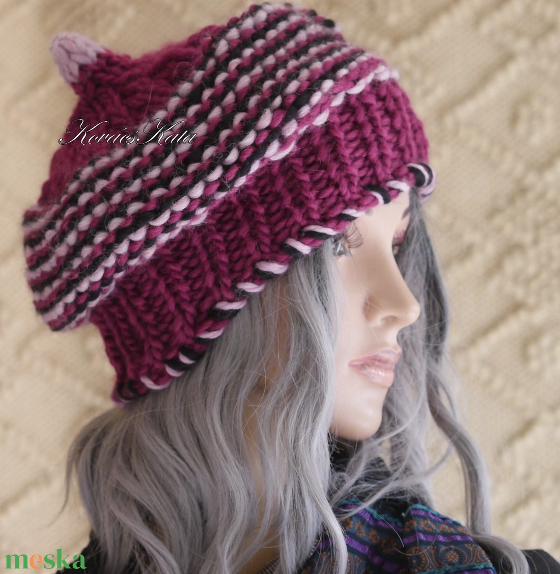 LUCA BARETT / bordós - bohém kézzel kötött gyapjú sapka  - ruha & divat - sál, sapka, kendő - sapka - Meska.hu