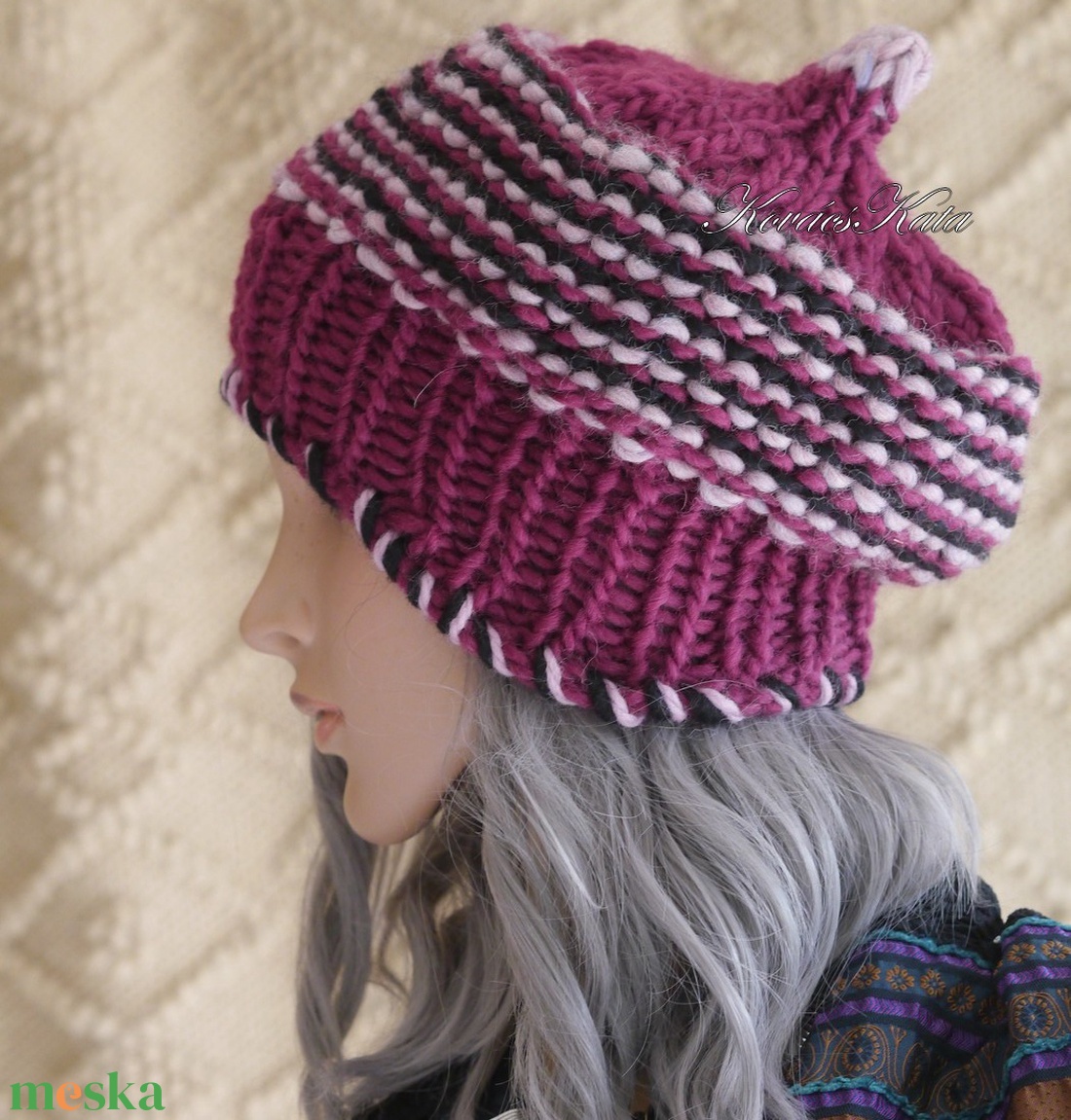 LUCA BARETT / bordós - bohém kézzel kötött gyapjú sapka  - ruha & divat - sál, sapka, kendő - sapka - Meska.hu