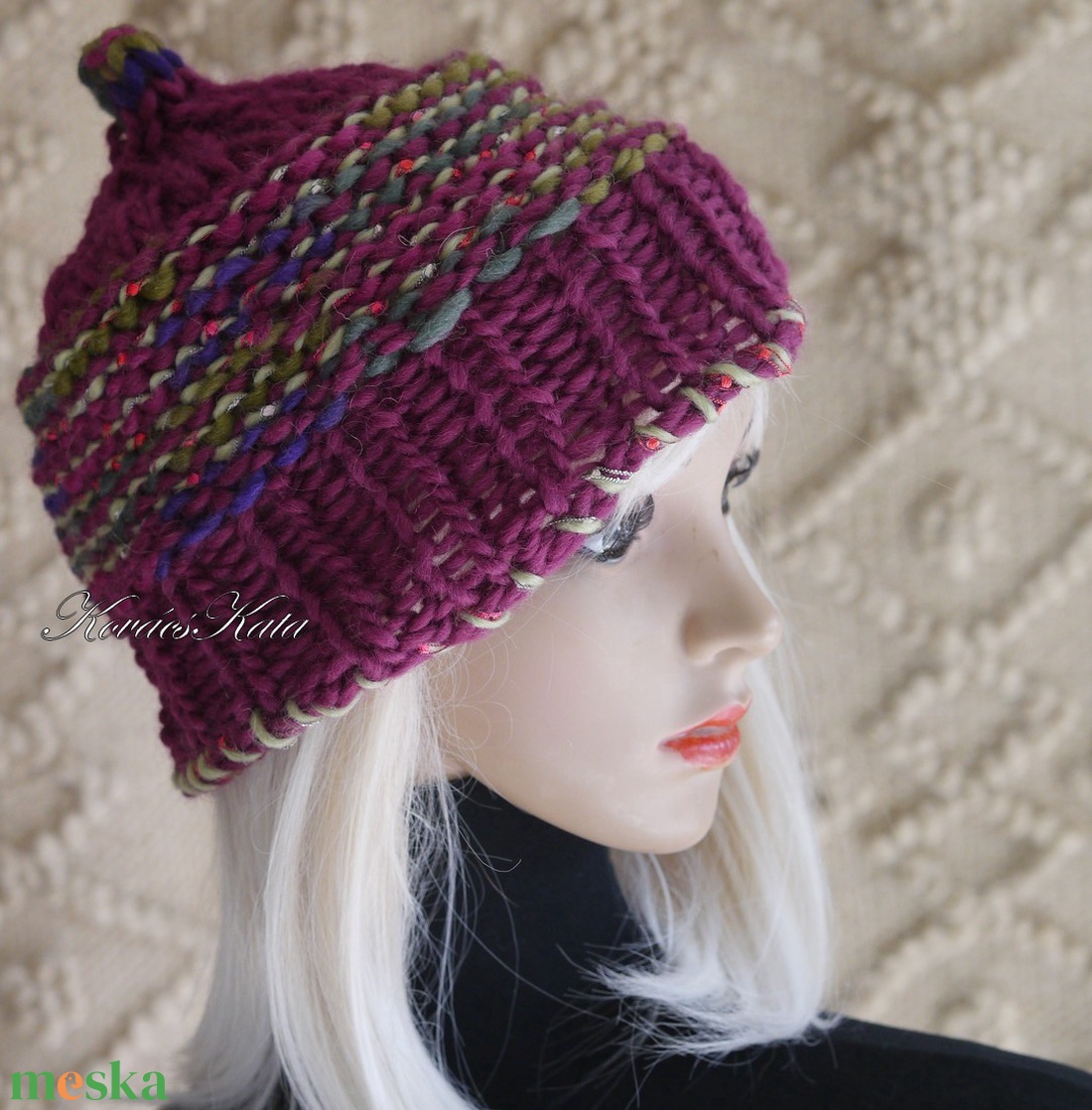 LUCA SAPI / bordó - bohém kézzel kötött gyapjú sapka  - ruha & divat - sál, sapka, kendő - sapka - Meska.hu