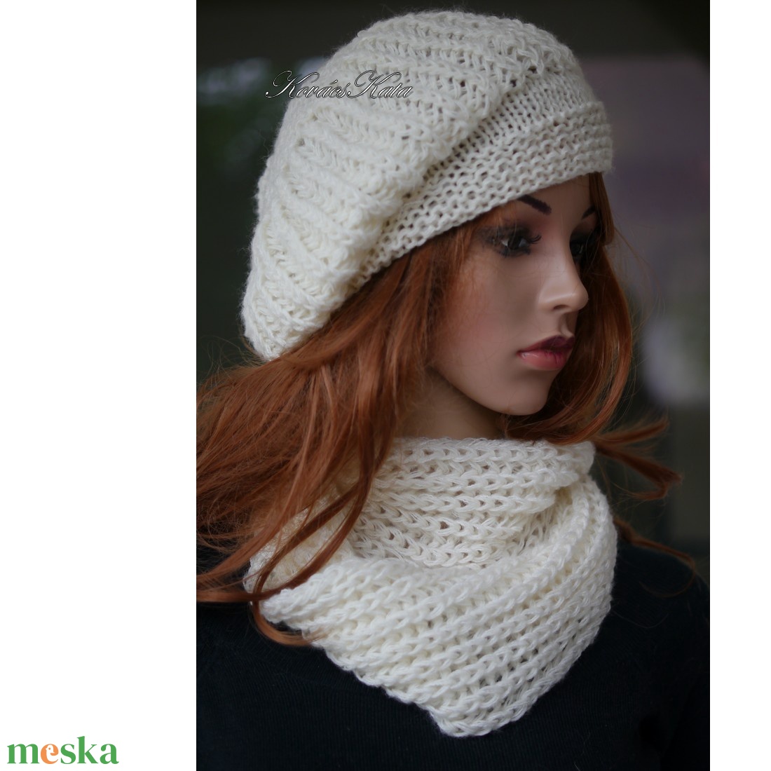 BORBÁLA SZETT / kasmír - exkluzív kézzel kötött  sapka körsállal / lila - ruha & divat - sál, sapka, kendő - sapka & sál szett - Meska.hu