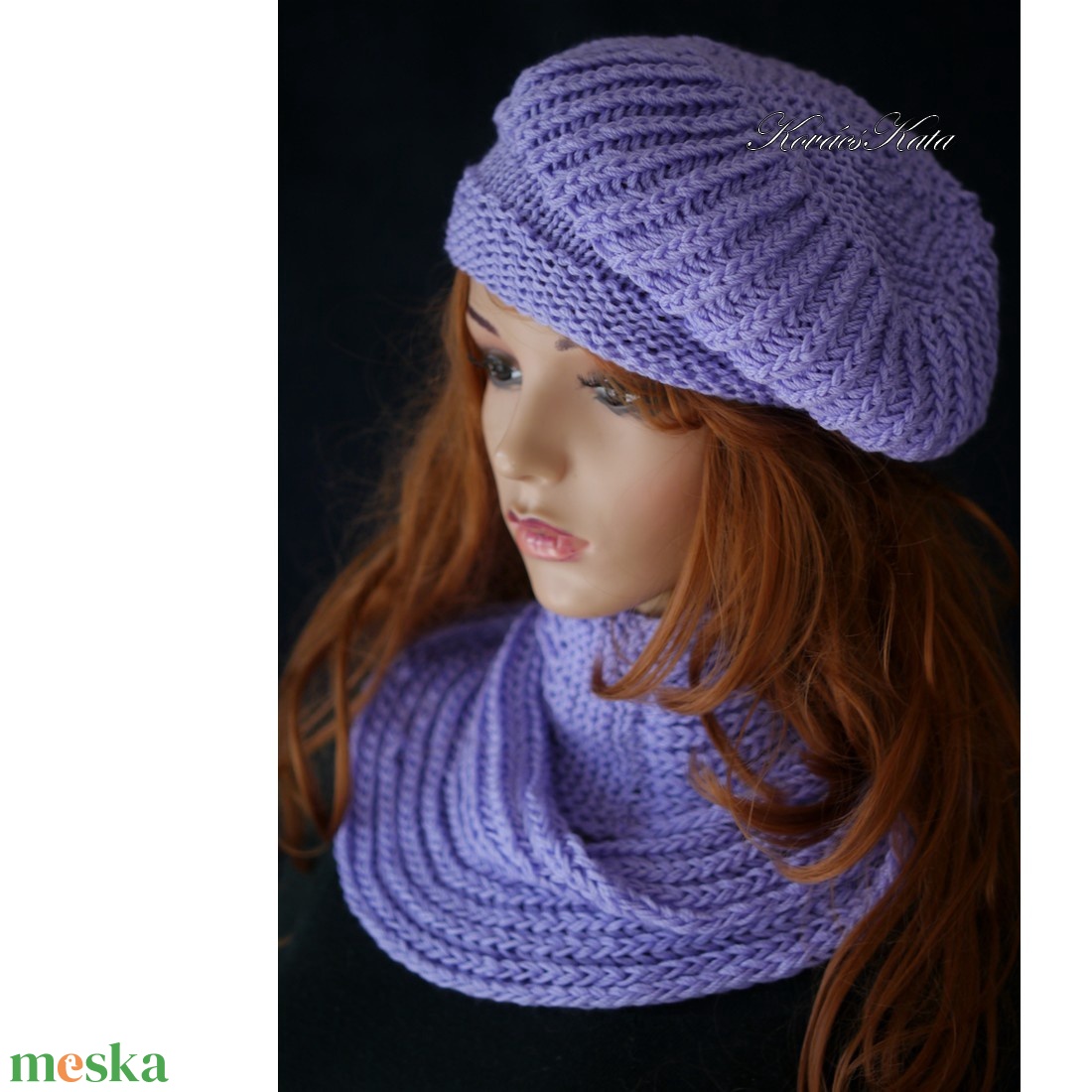 BORBÁLA SZETT / kasmír - exkluzív kézzel kötött  sapka körsállal / lila - ruha & divat - sál, sapka, kendő - sapka & sál szett - Meska.hu
