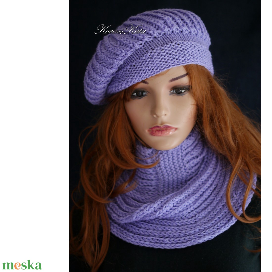 BORBÁLA SZETT / kasmír - exkluzív kézzel kötött  sapka körsállal / lila - ruha & divat - sál, sapka, kendő - sapka & sál szett - Meska.hu
