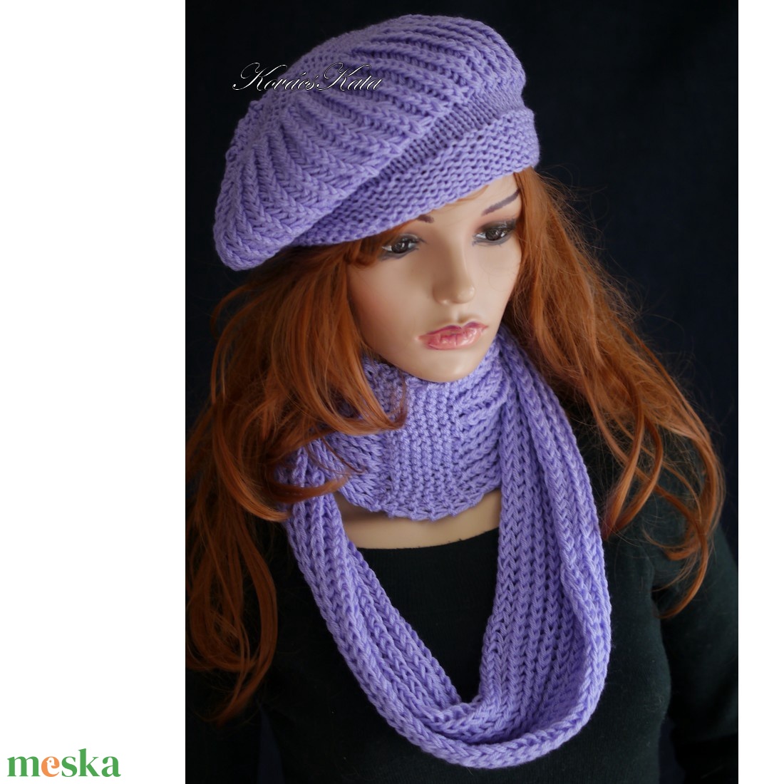 BORBÁLA SZETT / kasmír - exkluzív kézzel kötött  sapka körsállal / lila - ruha & divat - sál, sapka, kendő - sapka & sál szett - Meska.hu