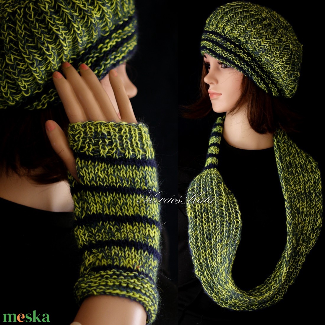 BORBÁLA SZETT / saláta - exkluzív kézzel kötött gyapjú sapka körsállal  - ruha & divat - sál, sapka, kendő - sapka & sál szett - Meska.hu