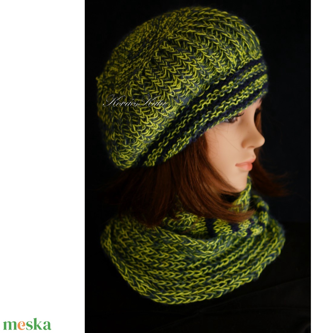 BORBÁLA SZETT / saláta - exkluzív kézzel kötött gyapjú sapka körsállal  - ruha & divat - sál, sapka, kendő - sapka & sál szett - Meska.hu