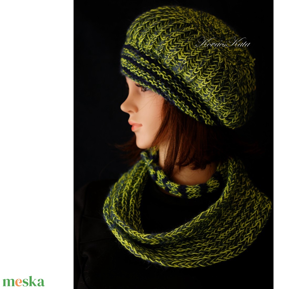 BORBÁLA SZETT / saláta - exkluzív kézzel kötött gyapjú sapka körsállal  - ruha & divat - sál, sapka, kendő - sapka & sál szett - Meska.hu