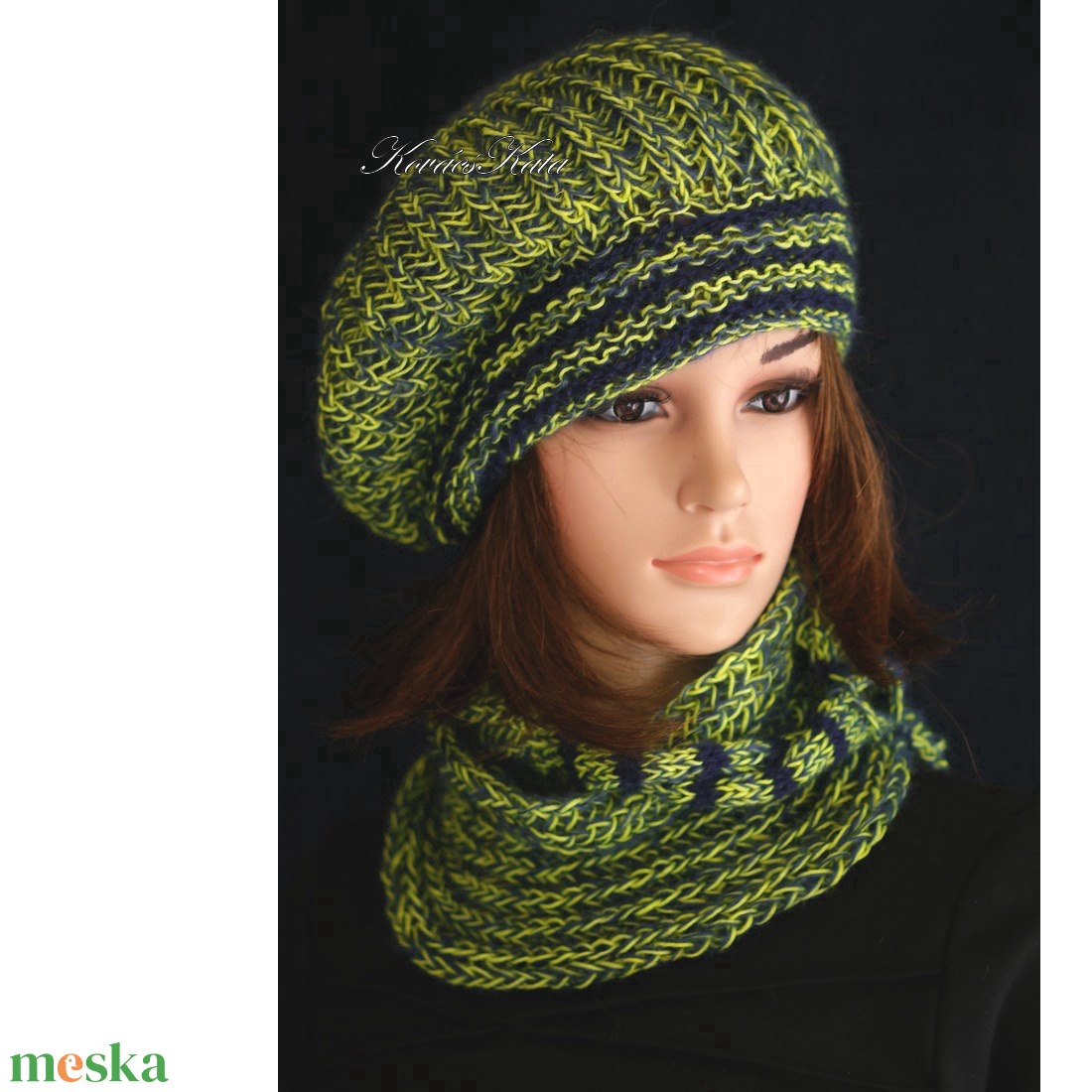 BORBÁLA SZETT / saláta - exkluzív kézzel kötött gyapjú sapka körsállal  - ruha & divat - sál, sapka, kendő - sapka & sál szett - Meska.hu