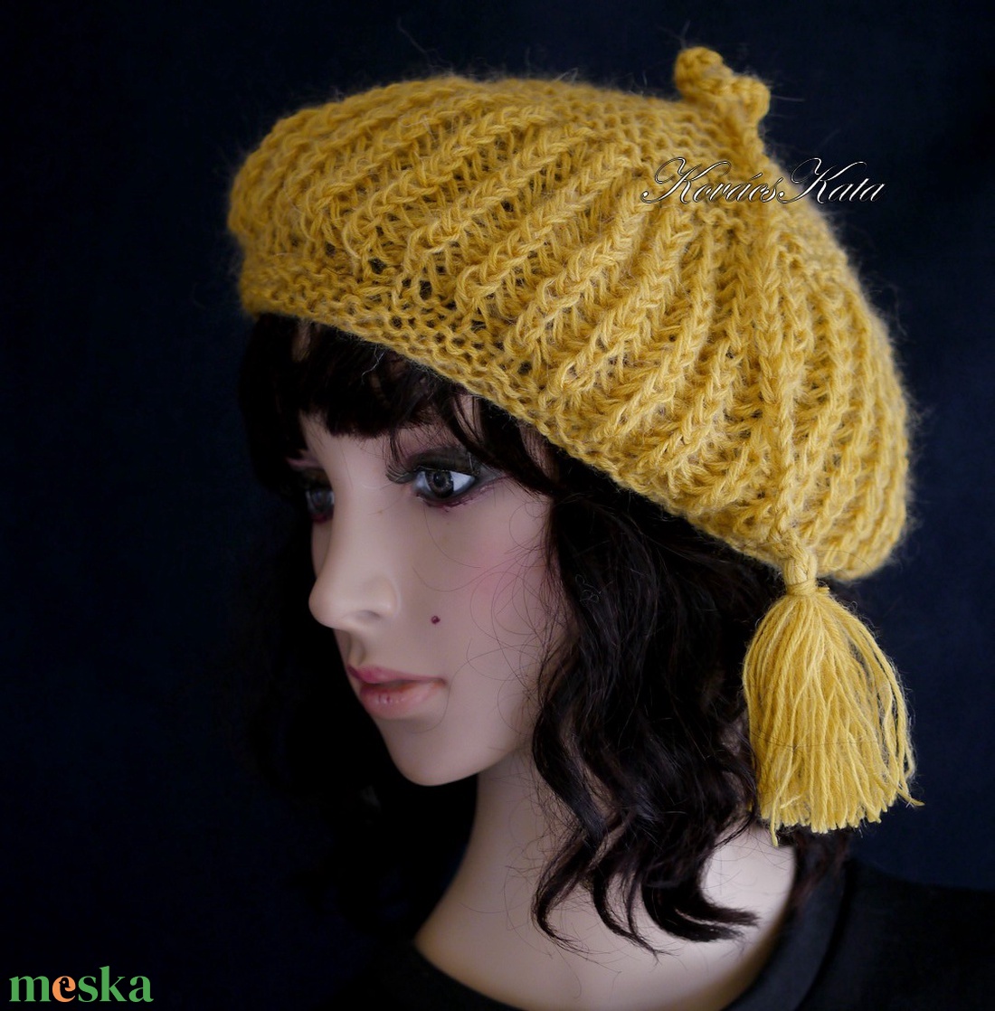LORCA / mustár - kézzel kötött gyapjú és mohair bohém sapka, barett - ruha & divat - sál, sapka, kendő - sapka - Meska.hu