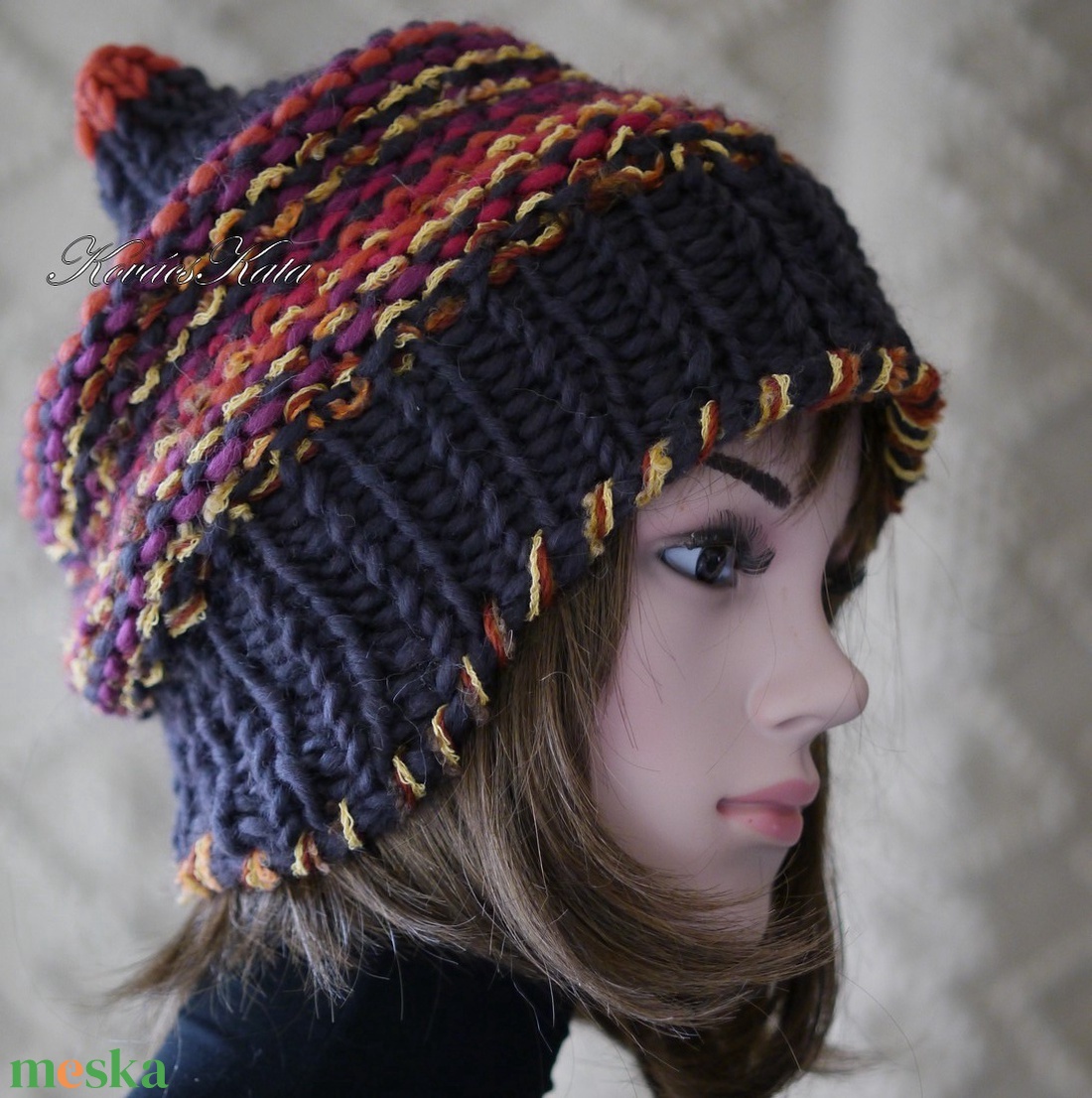 LUCA-SAPI / barna-narancs - bohém kézzel kötött gyapjú sapka  - ruha & divat - sál, sapka, kendő - sapka - Meska.hu