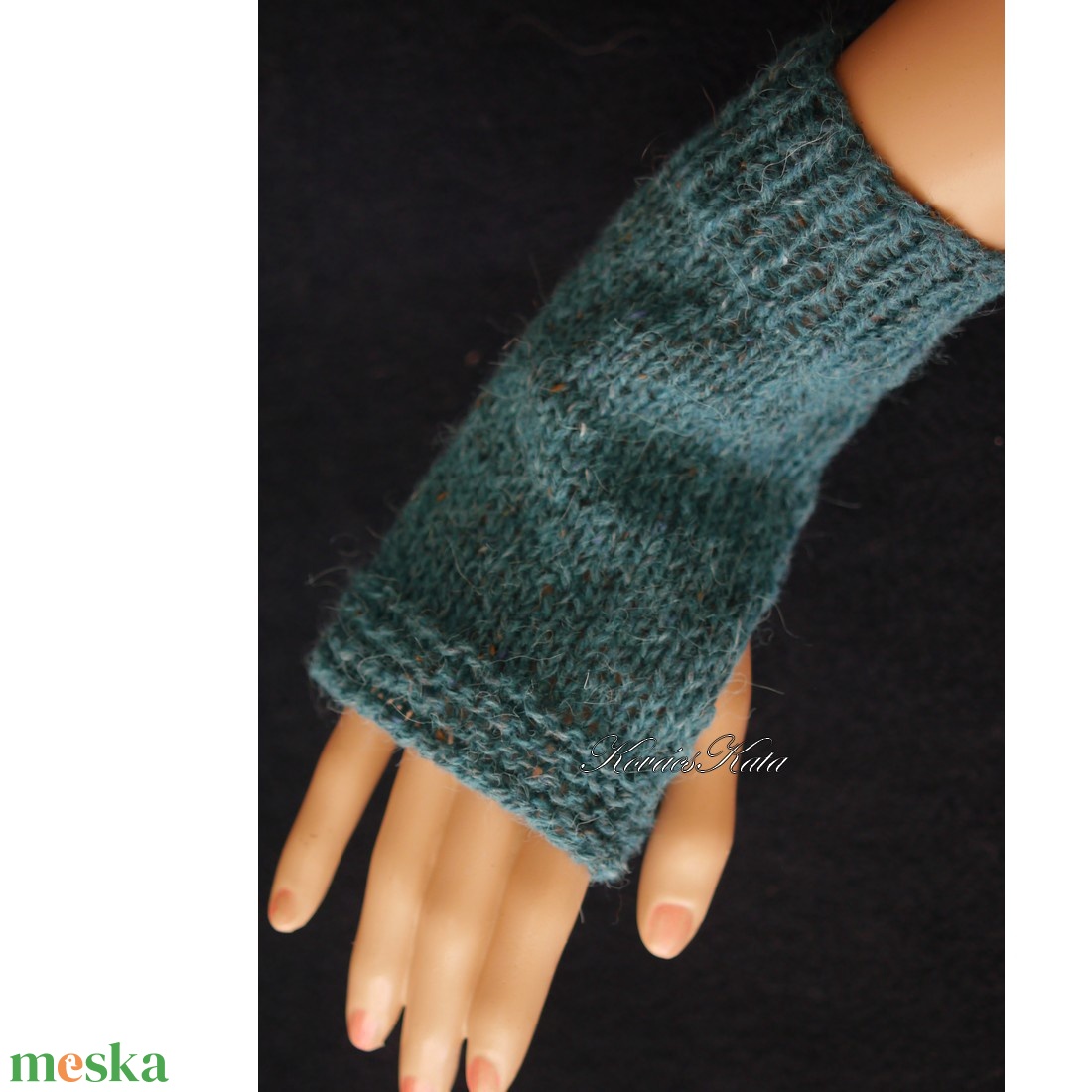 BOSZI KESZTYŰ / alpaka tweed - kézzel kötött rövid kesztyűszár, kézmelegítő / petrol - ruha & divat - sál, sapka, kendő - kesztyű - Meska.hu