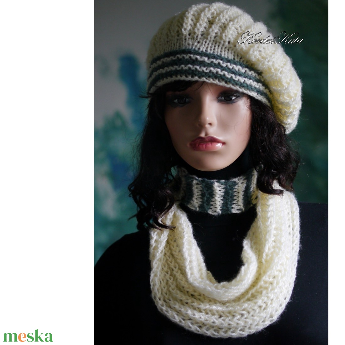 BORBÁLA SZETT / vaj + zöld - exkluzív kézzel kötött gyapjú-moher sapka körsállal - ruha & divat - sál, sapka, kendő - sapka & sál szett - Meska.hu