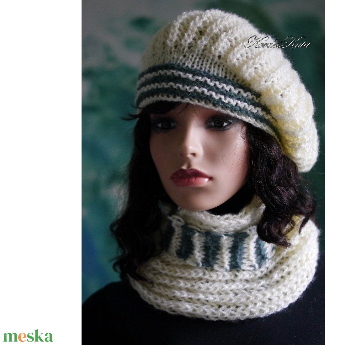 BORBÁLA SZETT / vaj + zöld - exkluzív kézzel kötött gyapjú-moher sapka körsállal - ruha & divat - sál, sapka, kendő - sapka & sál szett - Meska.hu