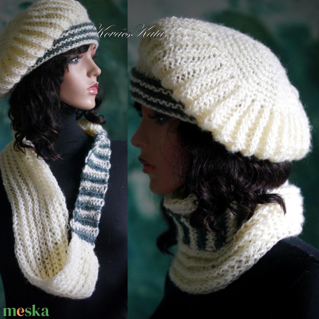 BORBÁLA SZETT / vaj + zöld - exkluzív kézzel kötött gyapjú-moher sapka körsállal - ruha & divat - sál, sapka, kendő - sapka & sál szett - Meska.hu