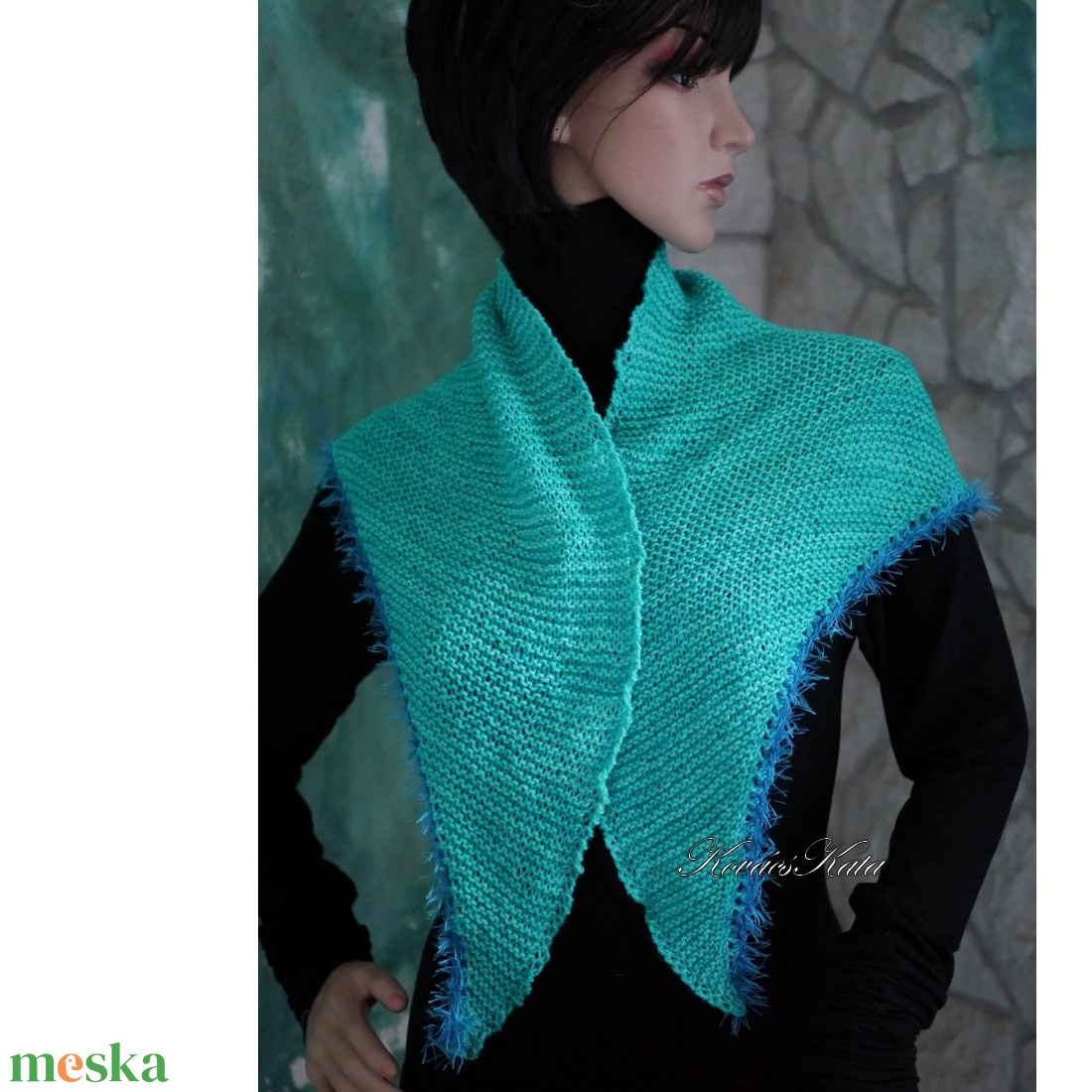  DELUXE SILK VÁLLKENDŐ - exkluzív kézzel kötött-festett selyem-jak- merinó kendő / bright aqua - ruha & divat - sál, sapka, kendő - vállkendő - Meska.hu