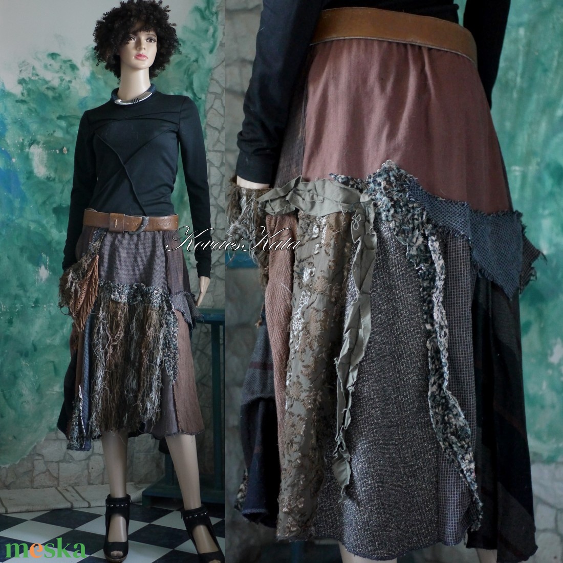 PATCHWORK SZOKNYA - bohém loncsos téli szoknya KÉSZLETEN - ruha & divat - női ruha - szoknya - Meska.hu