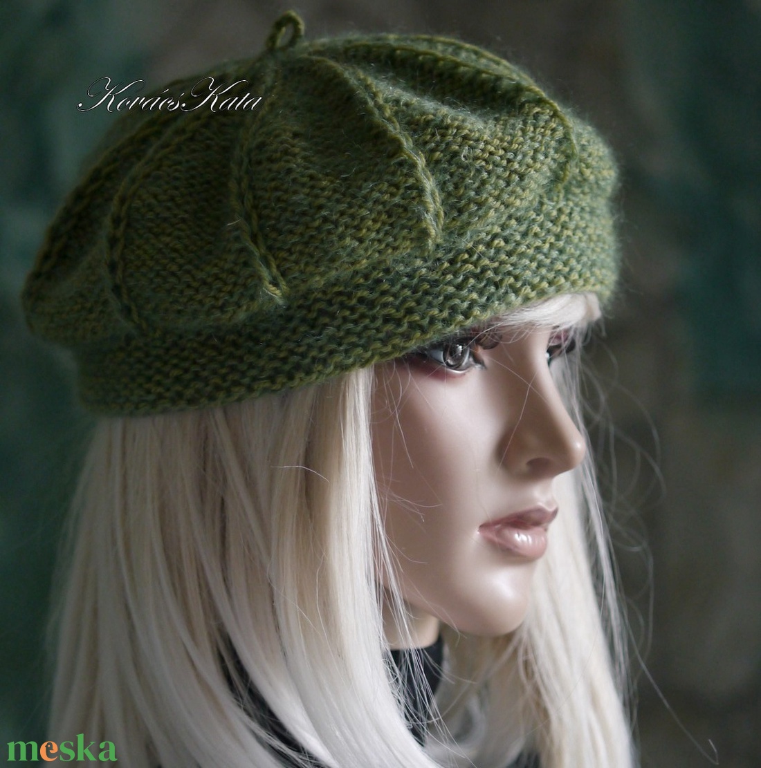 ALETTA / olív - exkluzív kézzel kötött-festett deluxe selyem-jak + silk-mohair svájci sapka, barett KÉSZLETEN - ruha & divat - sál, sapka, kendő - sapka - Meska.hu