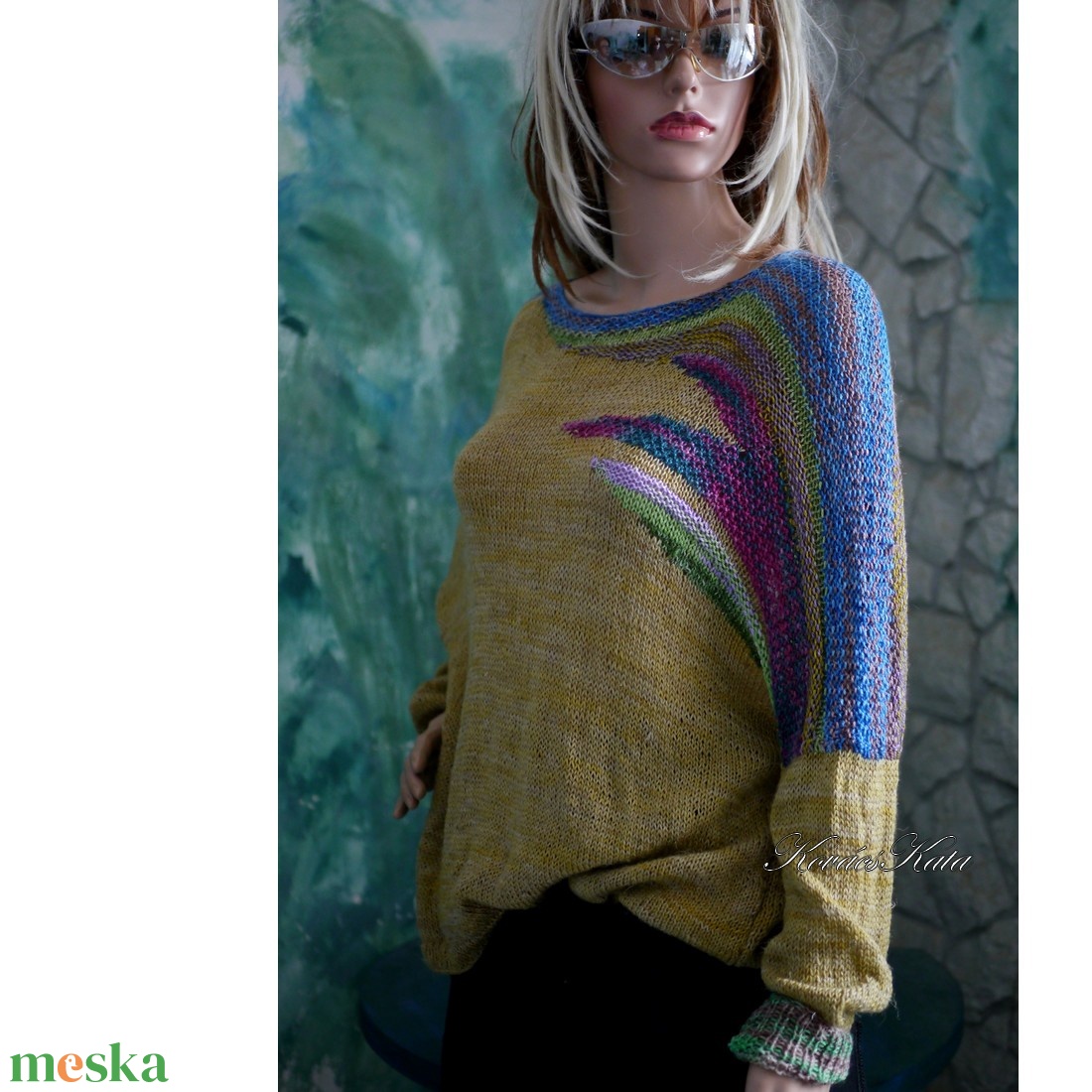 LAZY LINEN / mustár - exkluzív gyapjú-len kézzel festett- kötött flowing  pulóver KÉSZLETEN - ruha & divat - női ruha - pulóver - Meska.hu