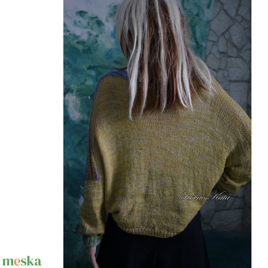 LAZY LINEN / mustár - exkluzív gyapjú-len kézzel festett- kötött flowing  pulóver KÉSZLETEN - ruha & divat - női ruha - pulóver - Meska.hu