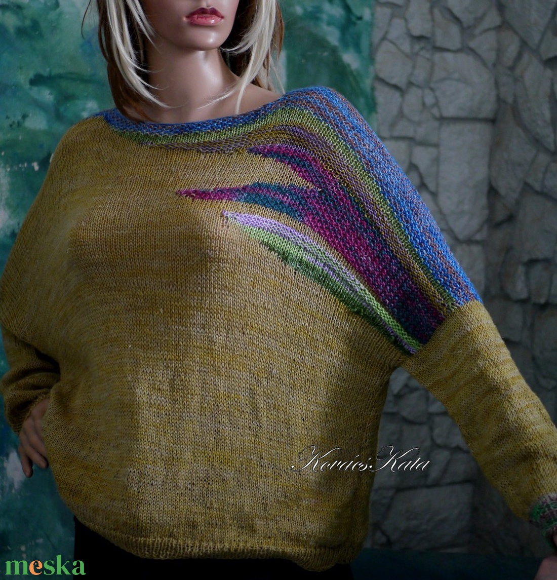 LAZY LINEN / mustár - exkluzív gyapjú-len kézzel festett- kötött flowing  pulóver KÉSZLETEN - ruha & divat - női ruha - pulóver - Meska.hu