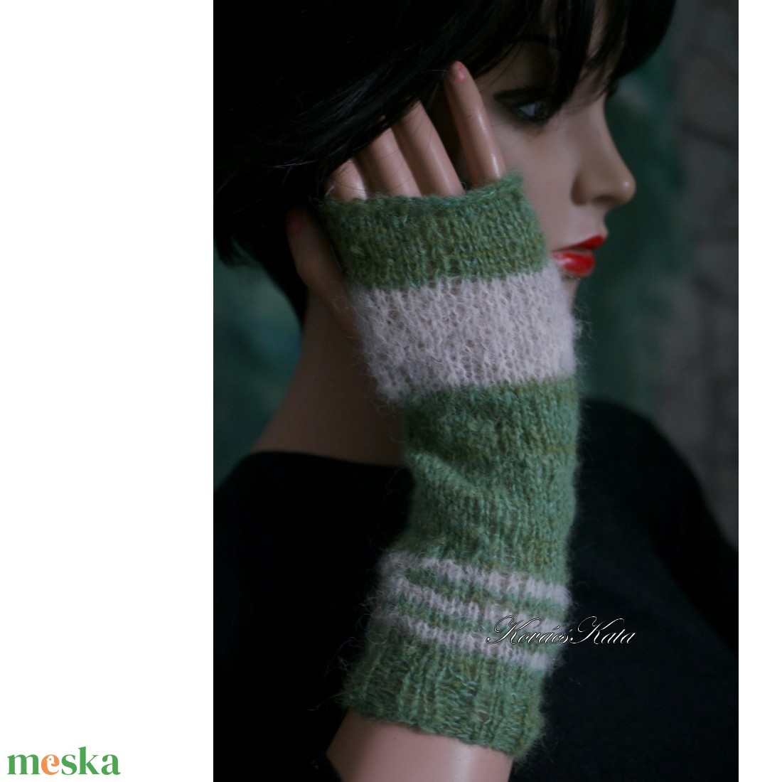 PILLE KESZTYŰ / suri alpaka - exkluzív kézzel kötött kesztyűszár, kézmelegítő / zöld+homok KÉSZLETEN   - ruha & divat - sál, sapka, kendő - kesztyű - Meska.hu