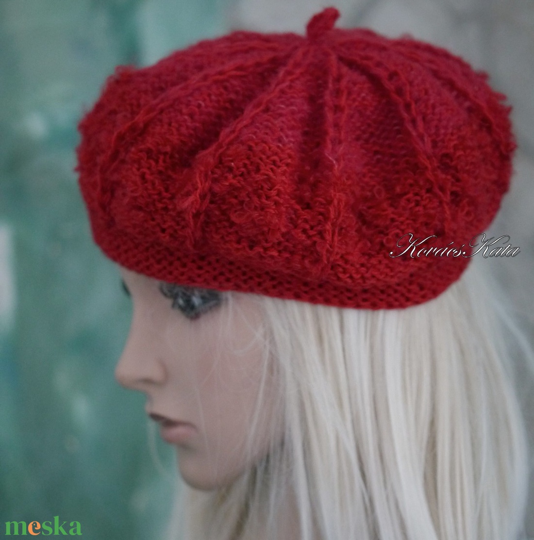 ALETTA / cherry - kézzel kötött exkluzív angora-gyapjú-mohair-buklé svájci sapka, barett KÉSZLETEN - ruha & divat - sál, sapka, kendő - sapka - Meska.hu
