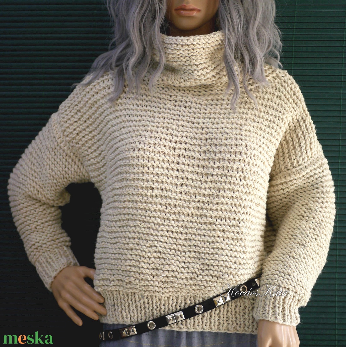 CHUNKY TEKNŐC / natúr - kézzel kötött vastag akril pulóver KÉSZLETEN - ruha & divat - női ruha - pulóver - Meska.hu