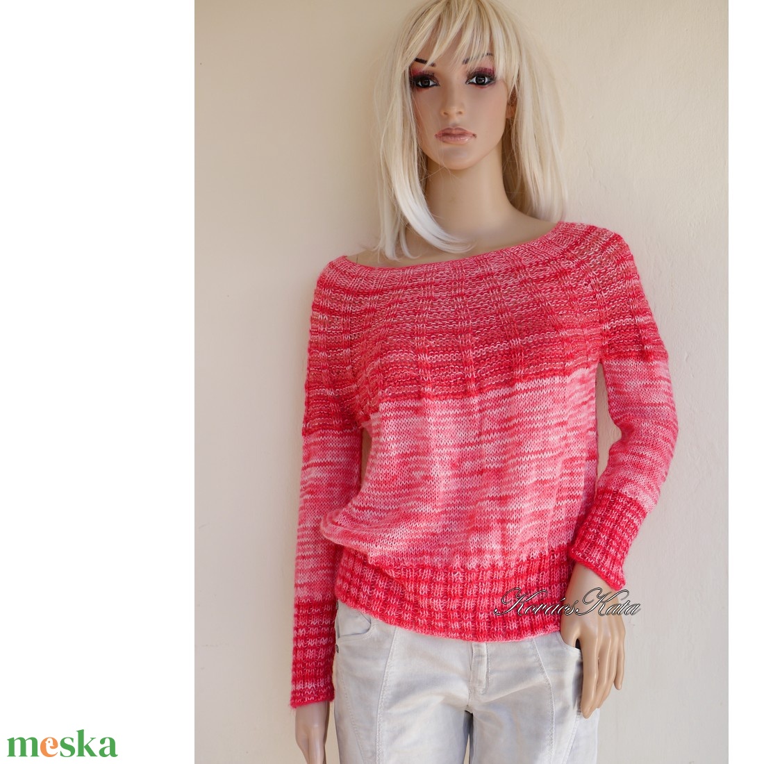 CRAZY REGINA / korall - exkluzív egyedi festésű kézzel kötött finomgyapjú pulóver  - ruha & divat - női ruha - pulóver - Meska.hu