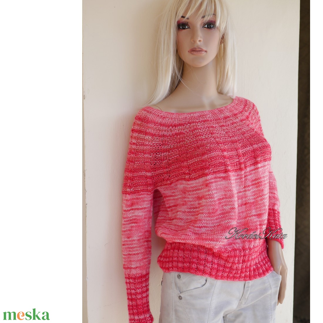 CRAZY REGINA / korall - exkluzív egyedi festésű kézzel kötött finomgyapjú pulóver  - ruha & divat - női ruha - pulóver - Meska.hu