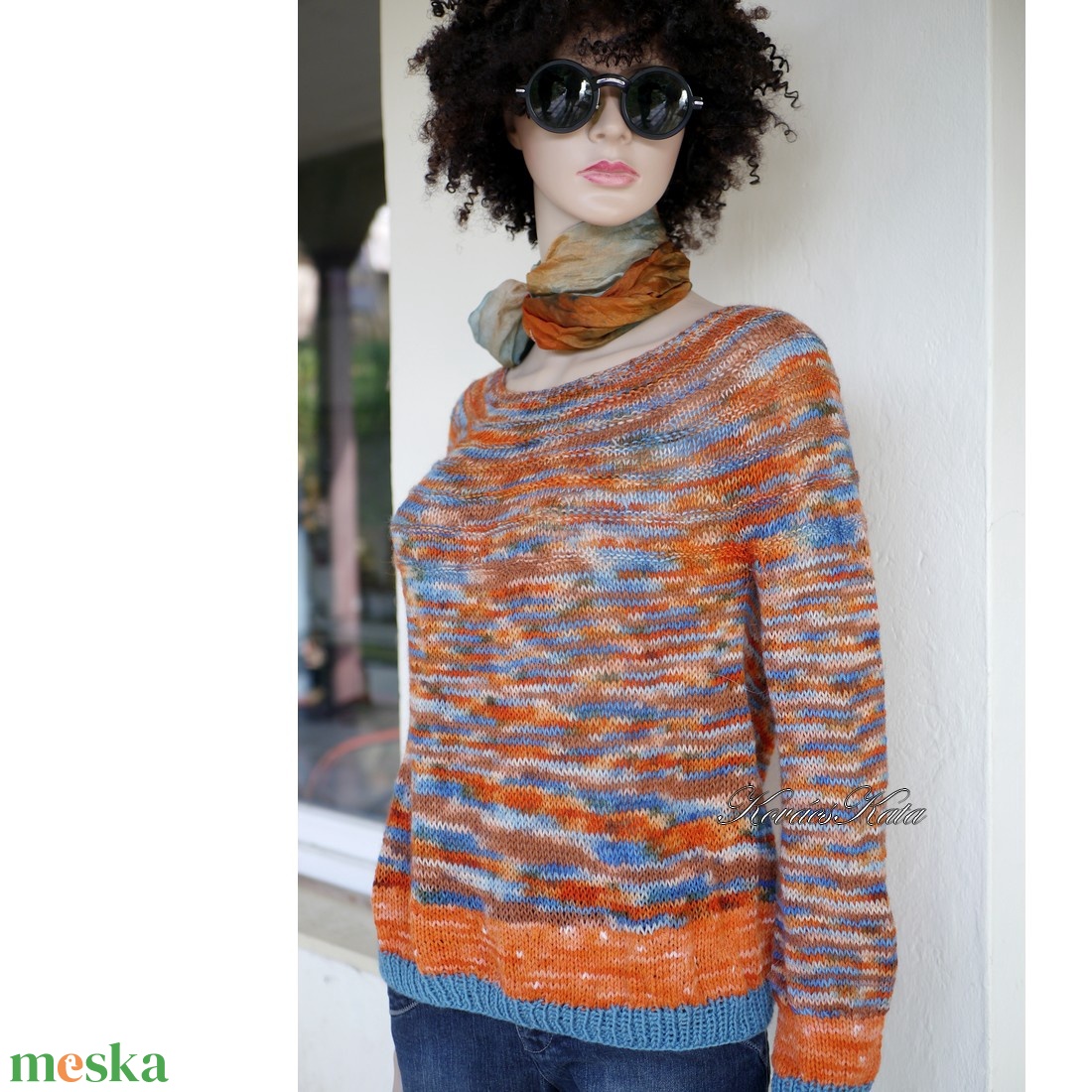 CRAZY REGINA / narancs-mix - egyedi festésű kézzel kötött finomgyapjú pulóver  - ruha & divat - női ruha - pulóver - Meska.hu