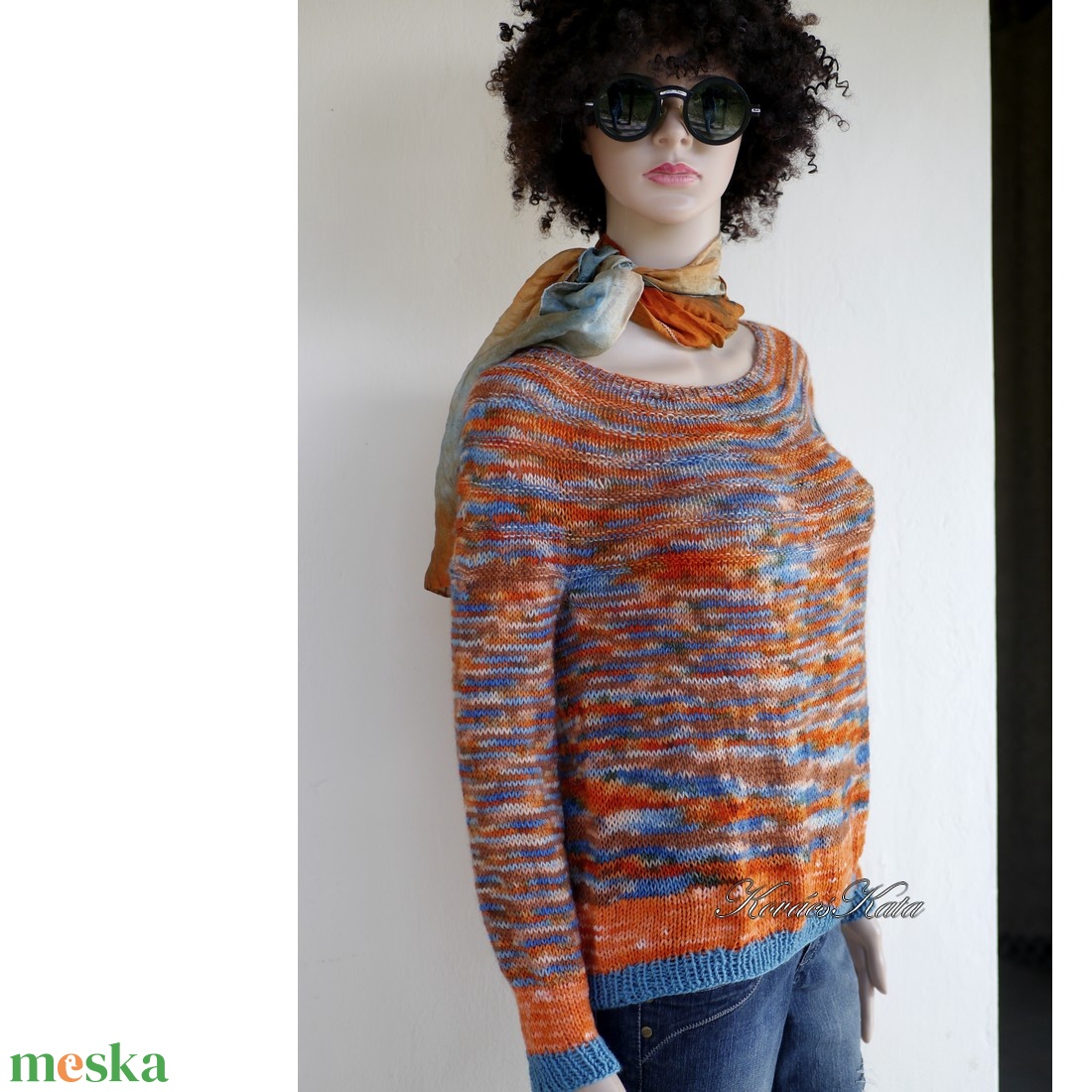 CRAZY REGINA / narancs-mix - egyedi festésű kézzel kötött finomgyapjú pulóver  - ruha & divat - női ruha - pulóver - Meska.hu