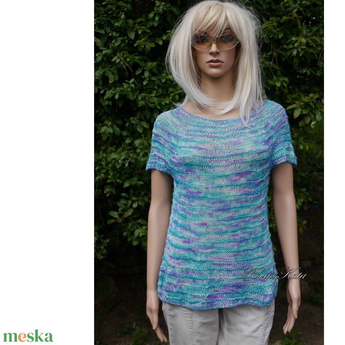 TUSSAH LUX - egyedi festésű kézzel kötött 100% vadselyem pulóver / türkiz,lila - ruha & divat - női ruha - pulóver - Meska.hu