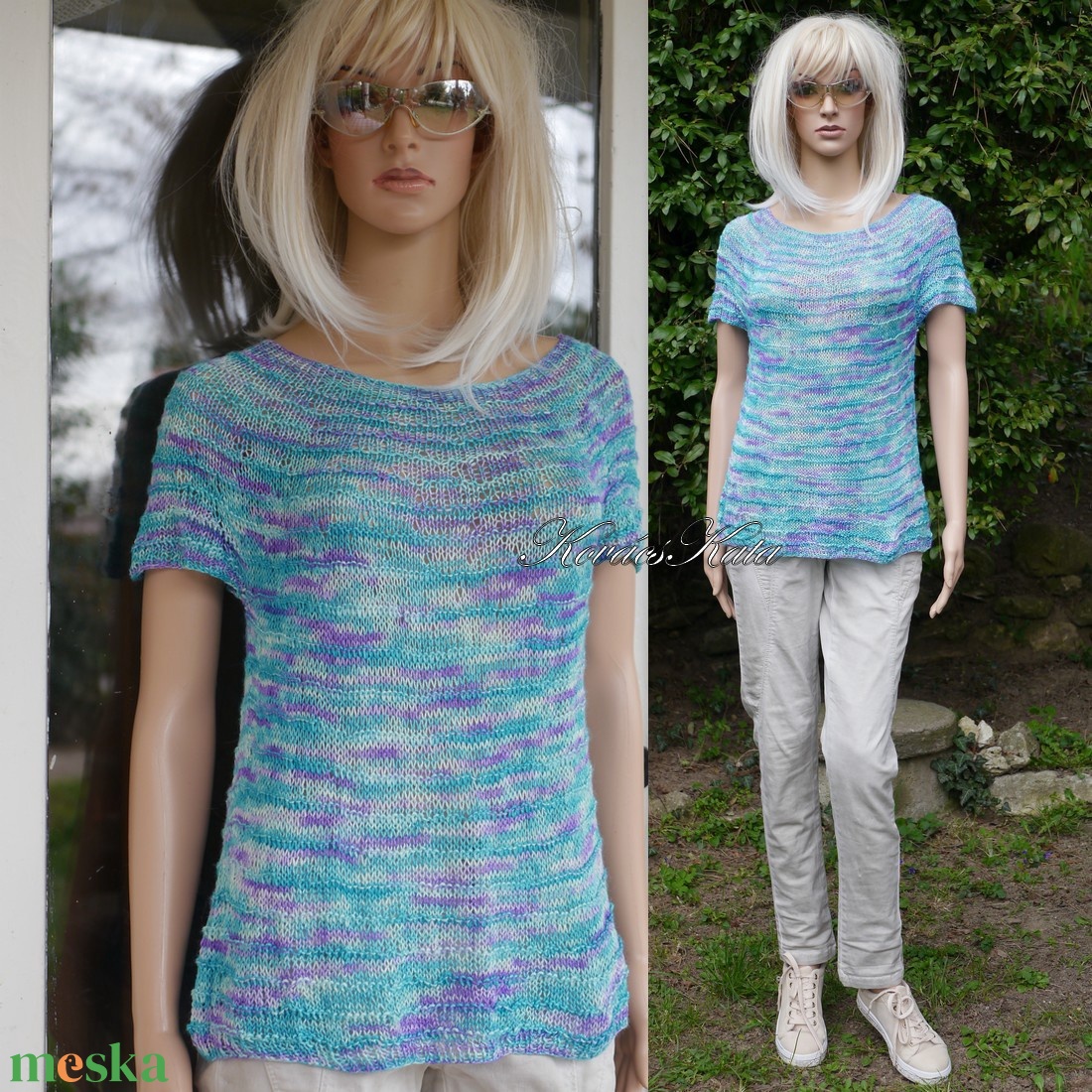 TUSSAH LUX - egyedi festésű kézzel kötött 100% vadselyem pulóver / türkiz,lila - ruha & divat - női ruha - pulóver - Meska.hu