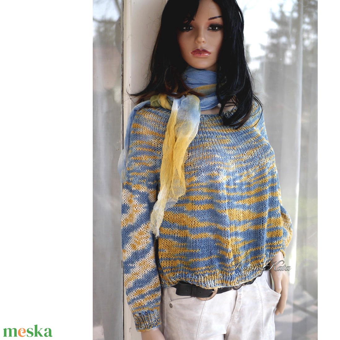 CRAZY LINEN / belle - extravagáns egyedi festésű pamut-len kézzel kötött  pulóver / pasztell - ruha & divat - női ruha - pulóver - Meska.hu