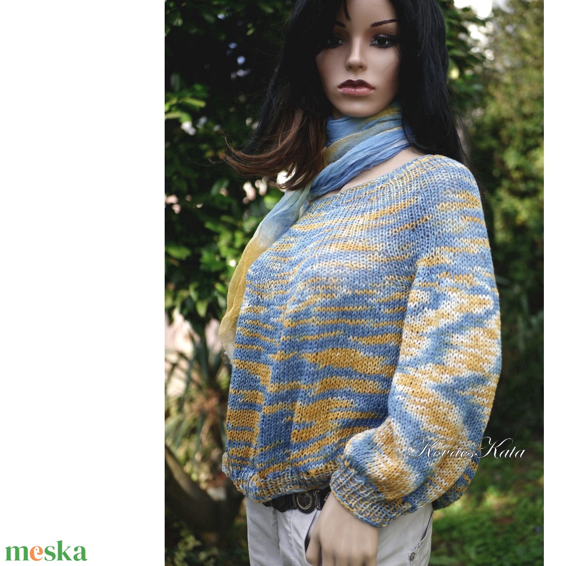 CRAZY LINEN / belle - extravagáns egyedi festésű pamut-len kézzel kötött  pulóver / pasztell - ruha & divat - női ruha - pulóver - Meska.hu