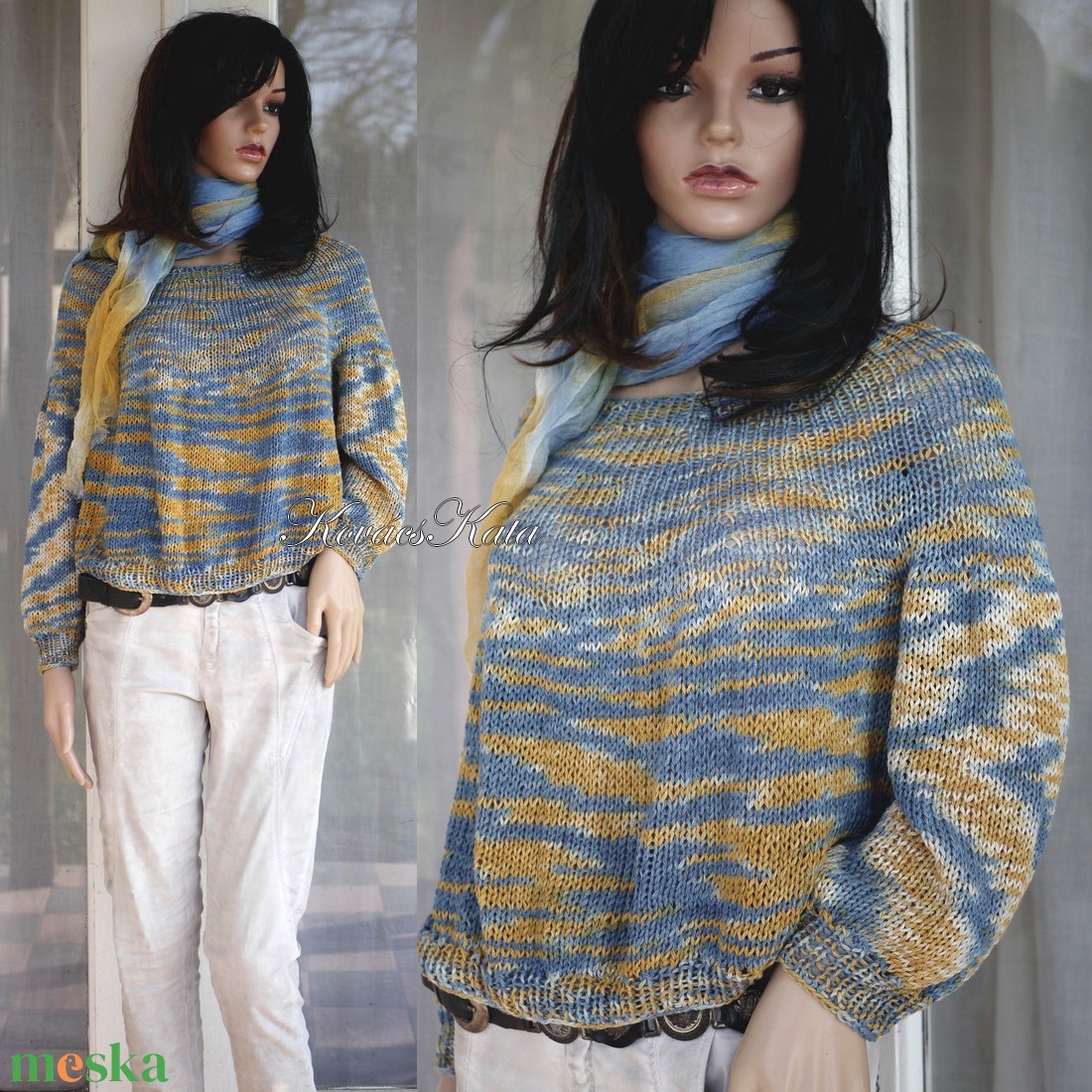 CRAZY LINEN / belle - extravagáns egyedi festésű pamut-len kézzel kötött  pulóver / pasztell - ruha & divat - női ruha - pulóver - Meska.hu