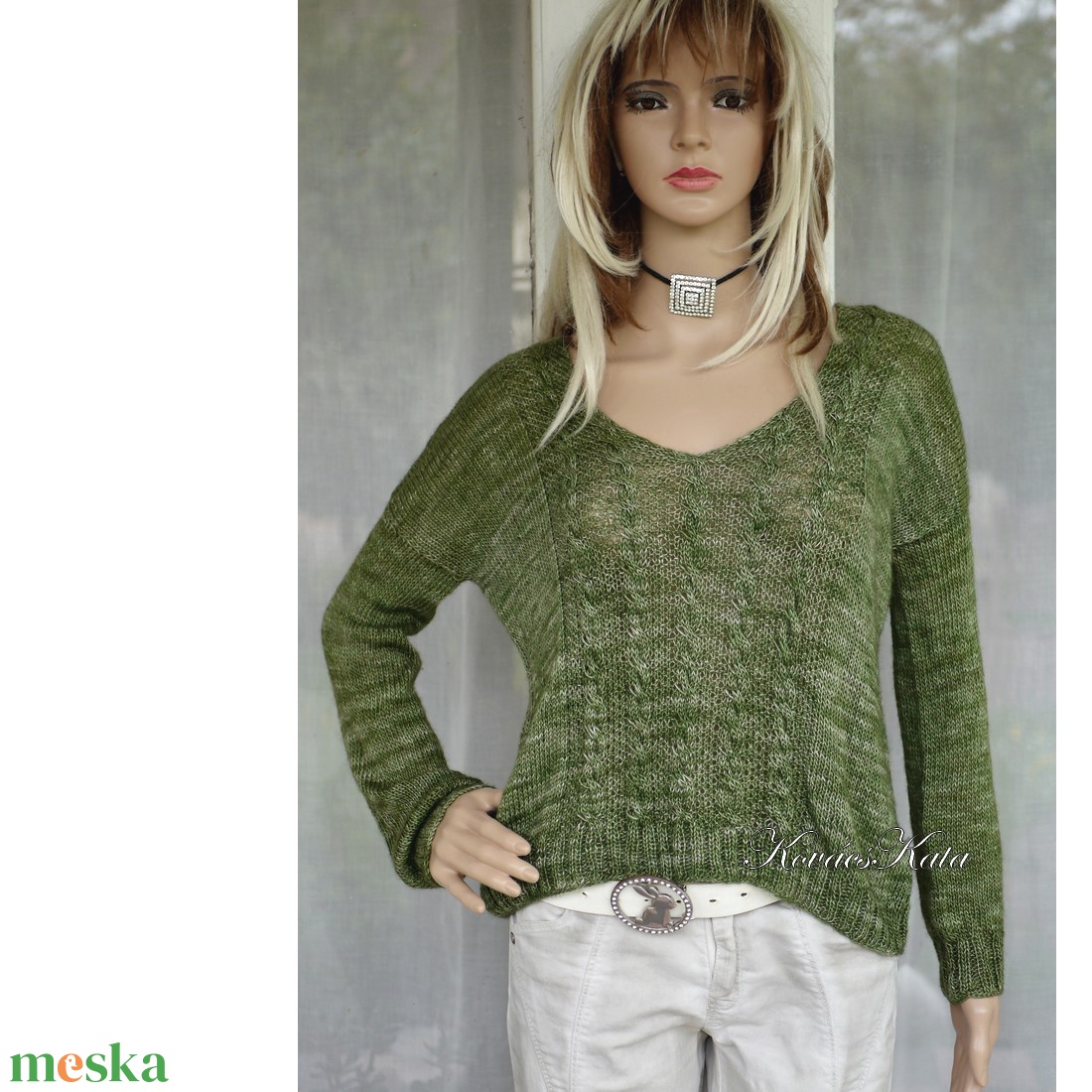 NAMBA / avokádó - egyedi festésű kézzel kötött selyem-jak-merinó túlméretes pulóver  - ruha & divat - női ruha - pulóver - Meska.hu